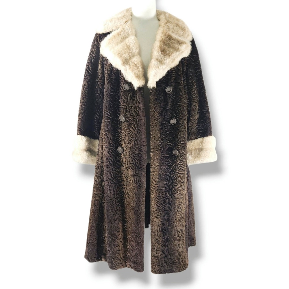 Vintage 70s Russel Taylor Penny‎ Lane Faux Fur Coat Boho Glam Brown Longline S